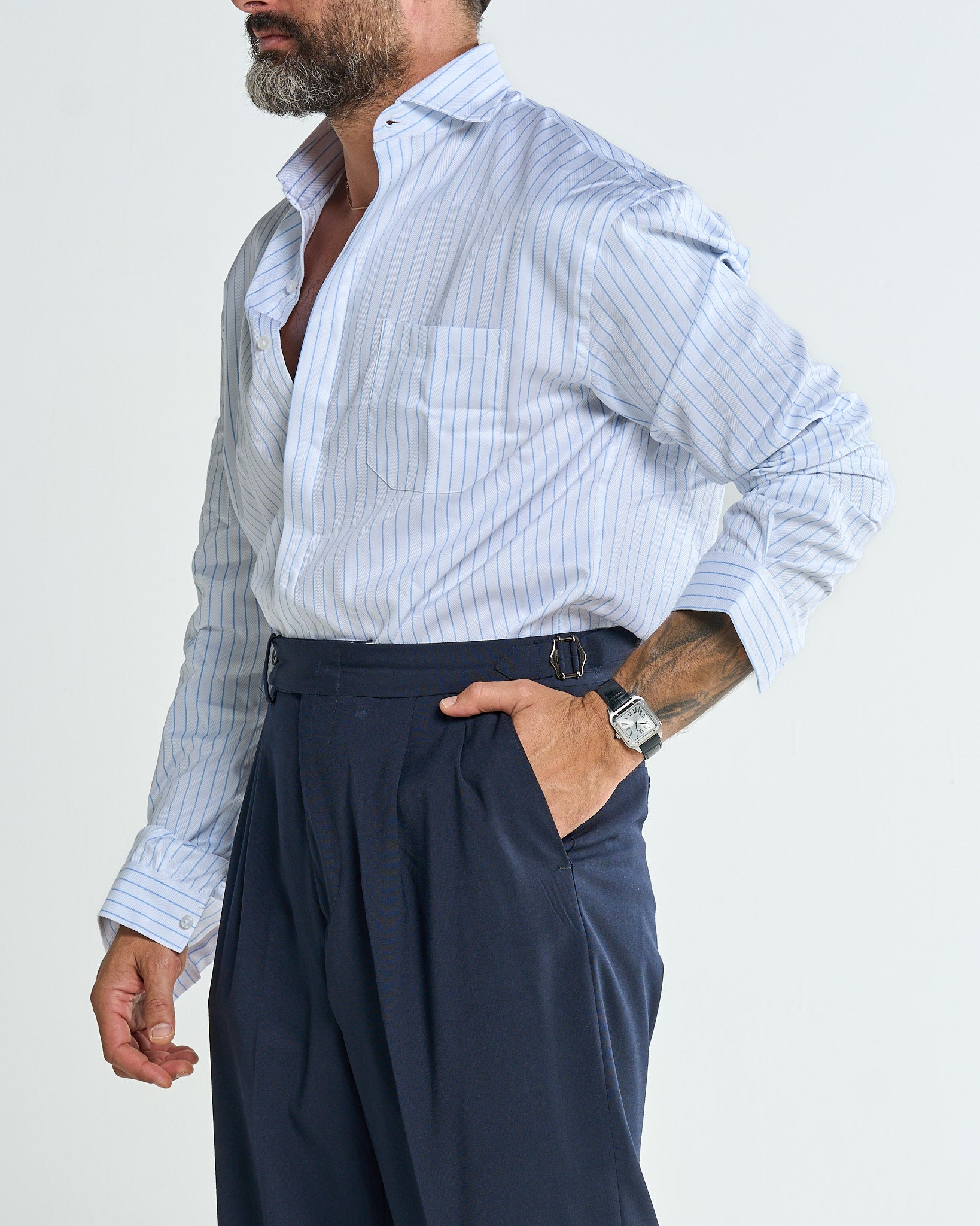 Oversized Shirt with Pocket in Herringbone Pattern and Light Blue Stripes