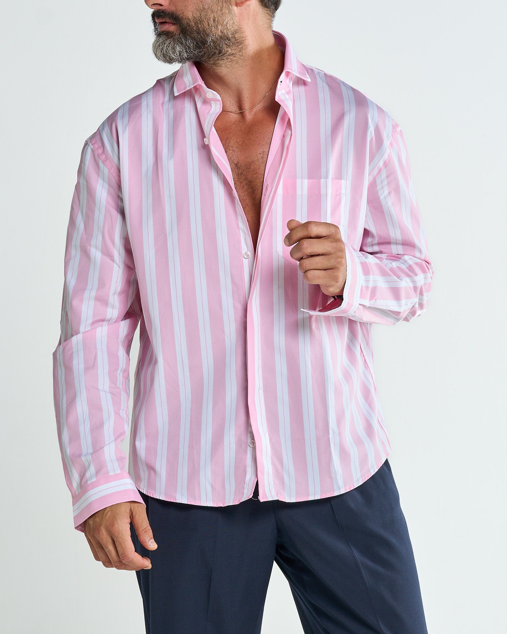 Oversized Shirt with Wide Pink Stripe Pocket