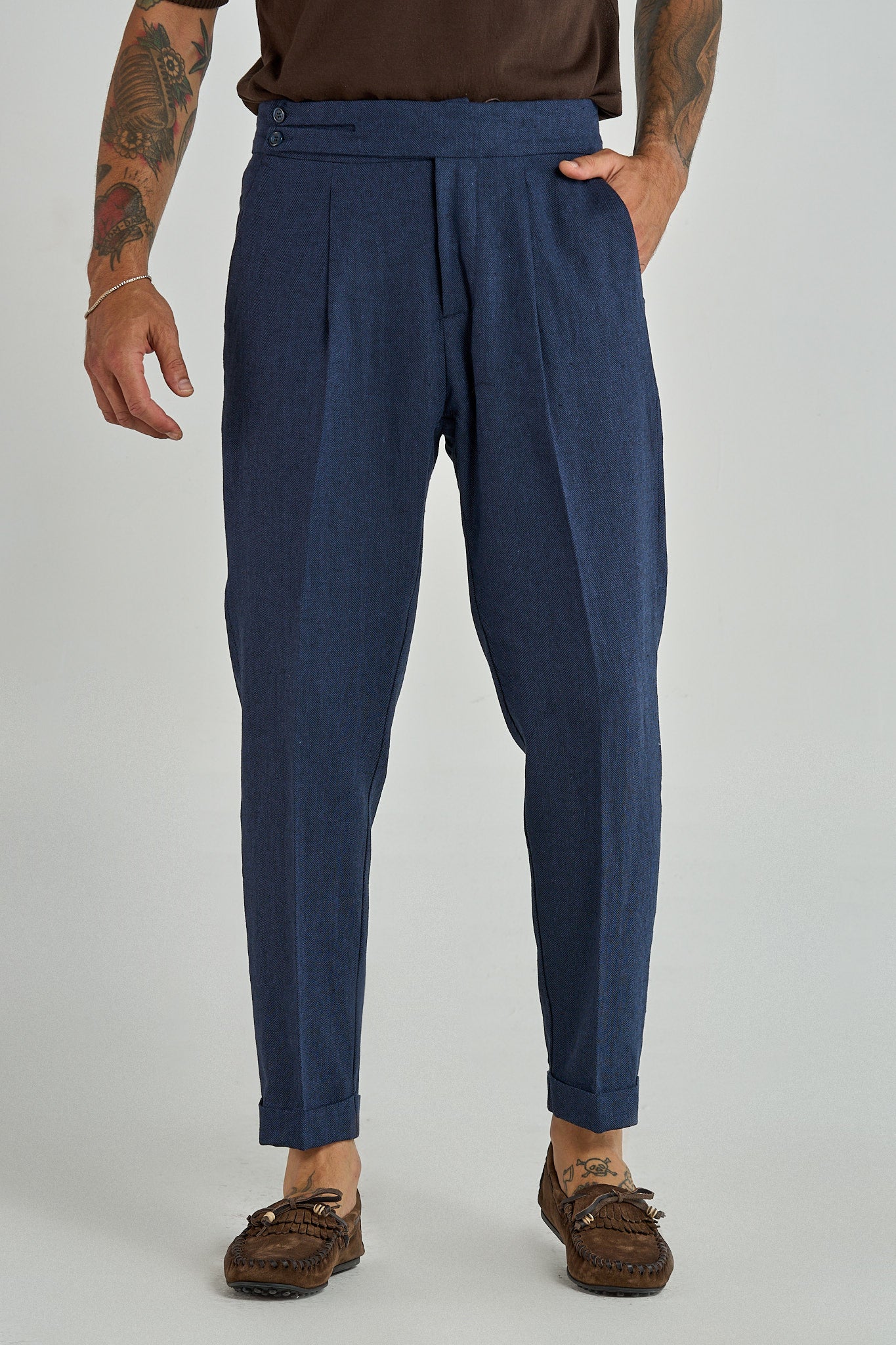 Pantalone Biforcato in Lino Blu