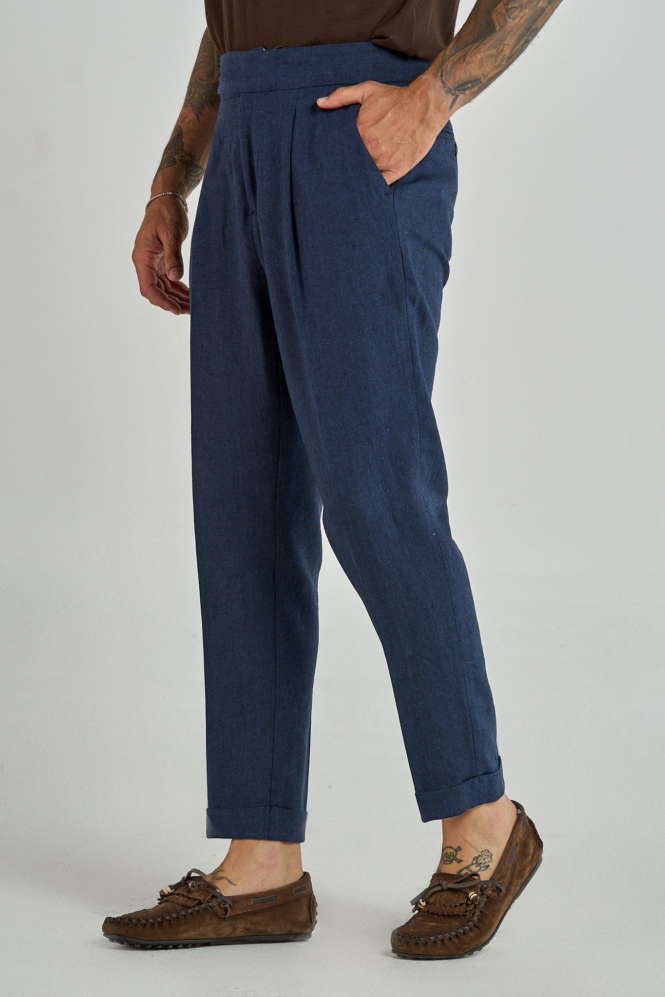 Pantalone Biforcato in Lino Blu