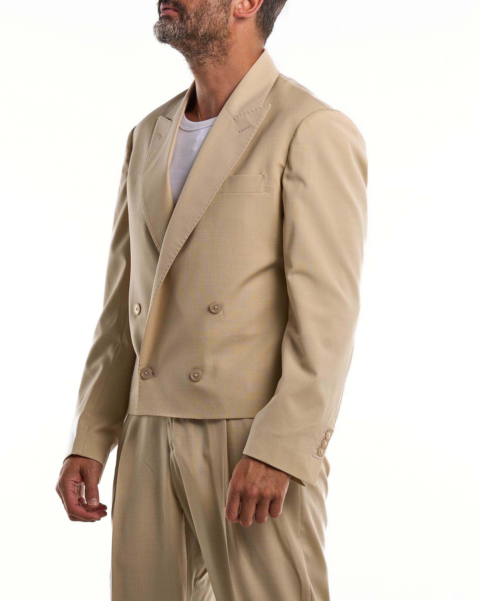 Giacca Doppiopetto Cropped  con Rever a Lancia Vaniglia Havana