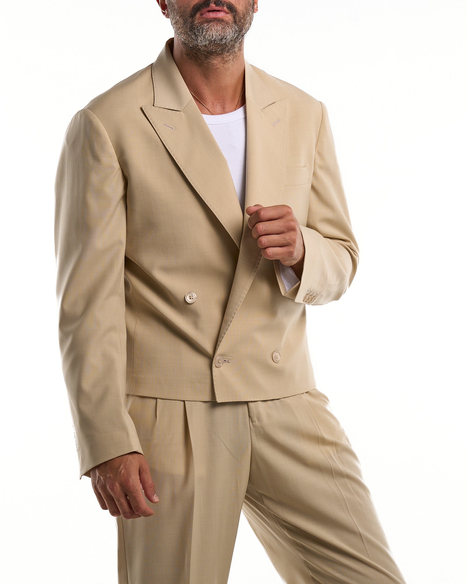 Giacca Doppiopetto Cropped  con Rever a Lancia Vaniglia Havana