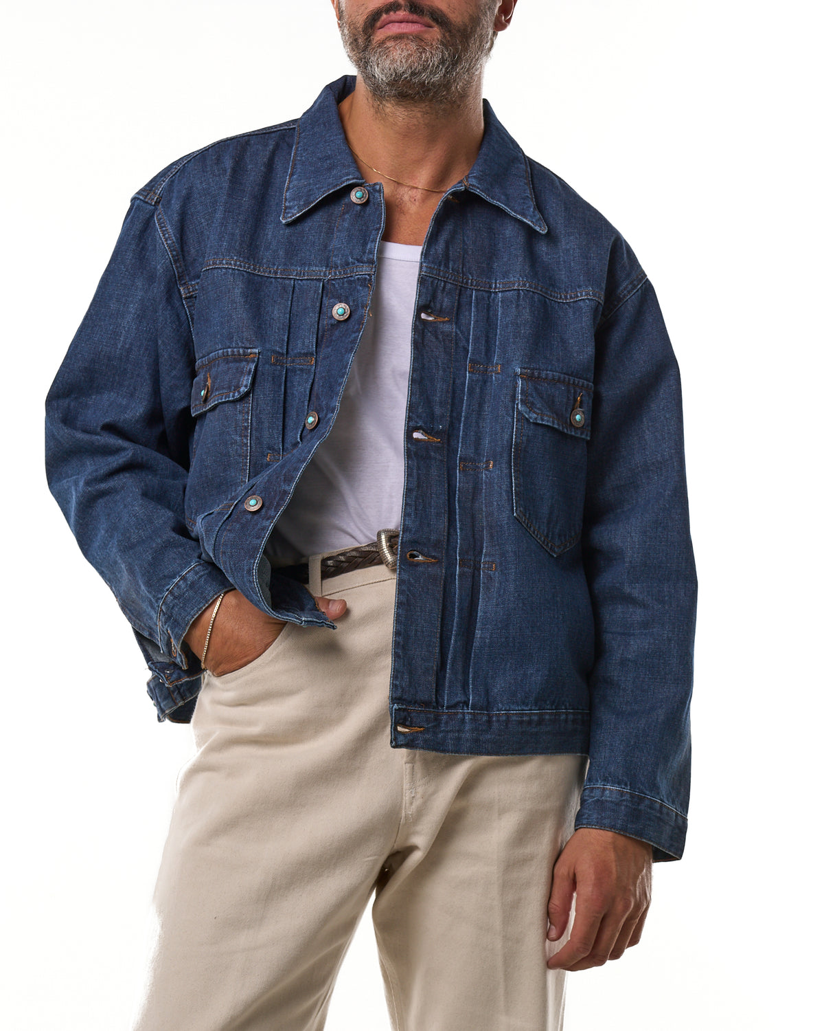 Giubbino con Cuciture a Contrasto in Denim Lavaggio Scuro