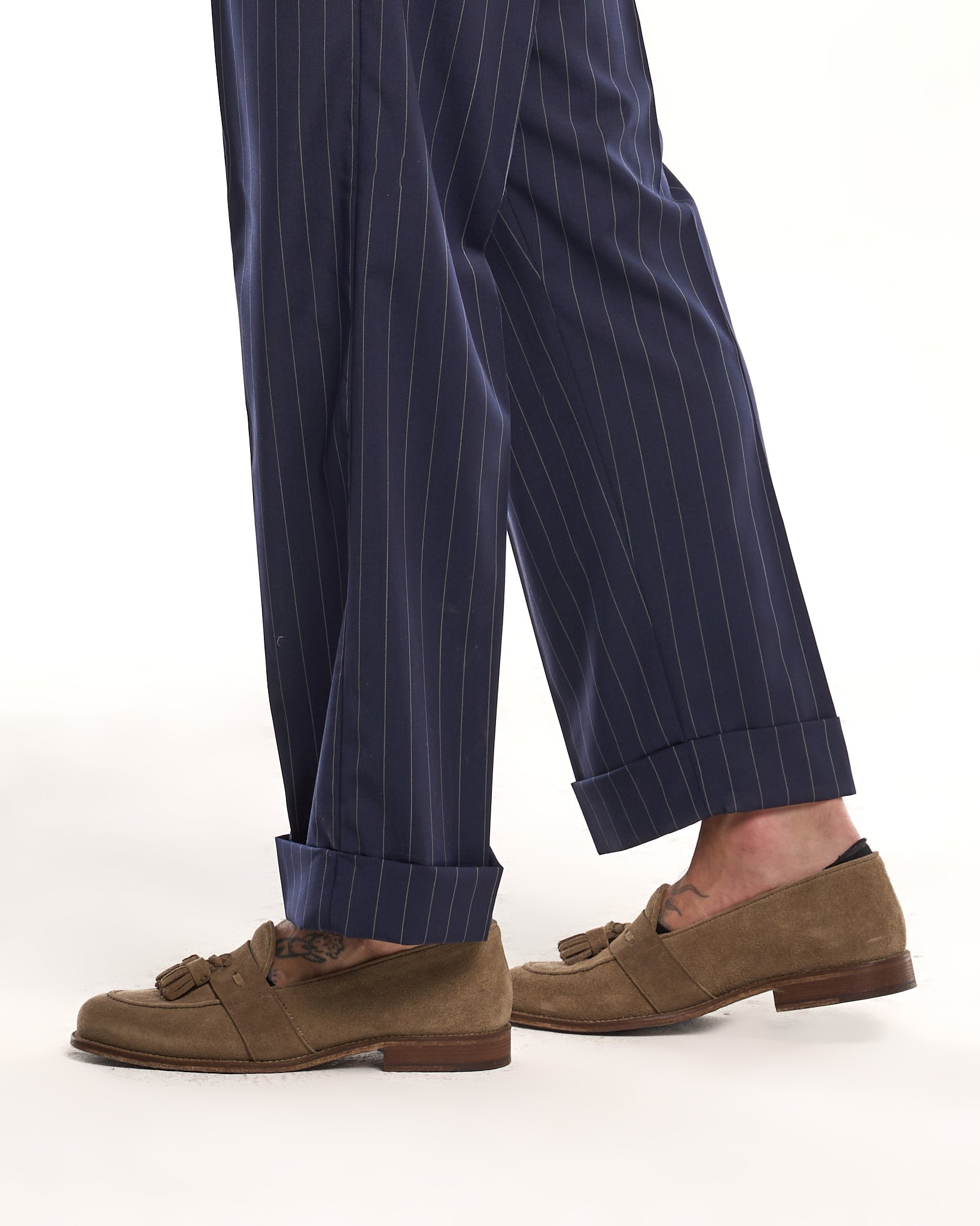 Pantalone Fondo Ampio e Fibbie Laterali Blu Riga Verde Riva