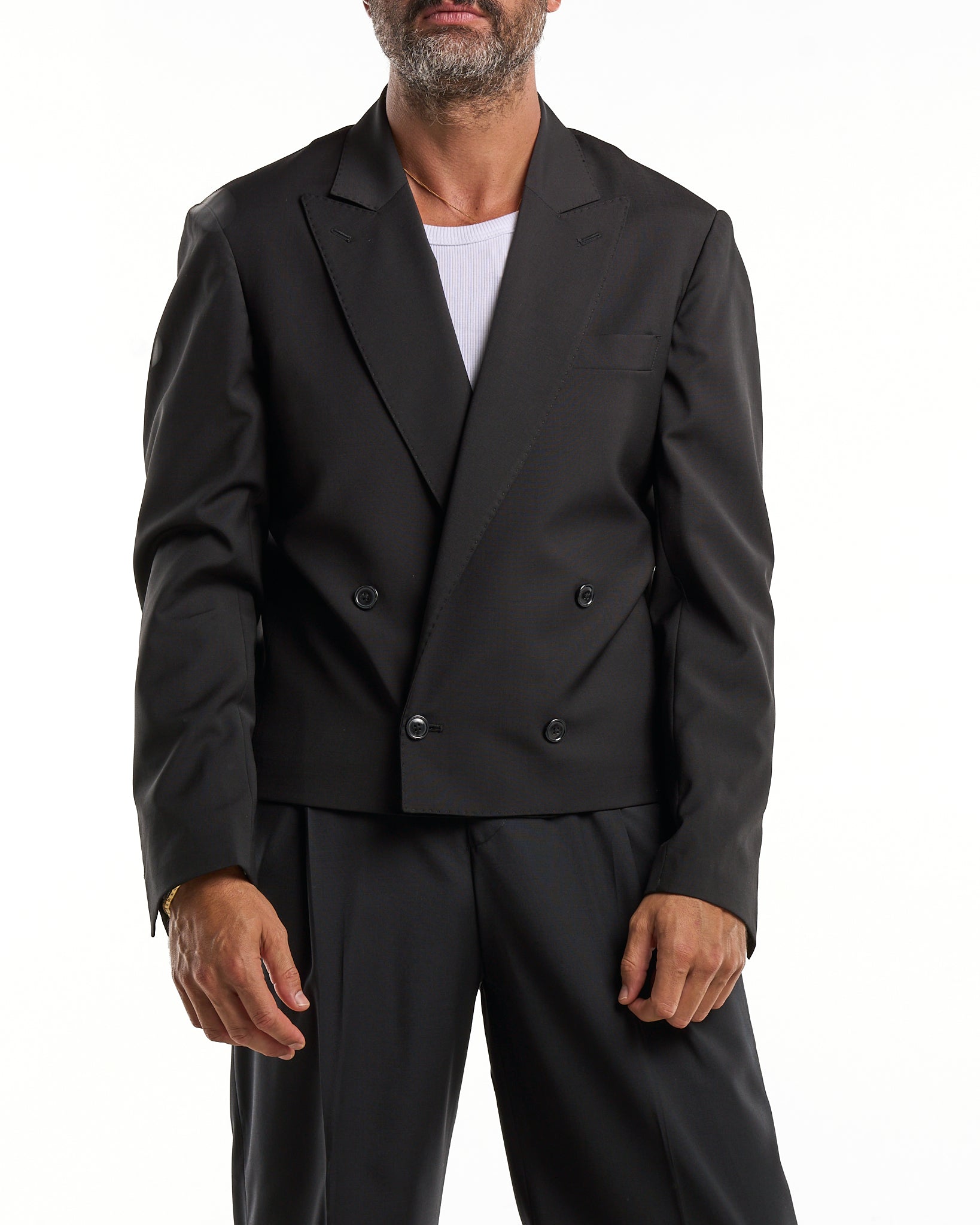 Giacca Doppiopetto Cropped  con Rever a Lancia Nera Milano