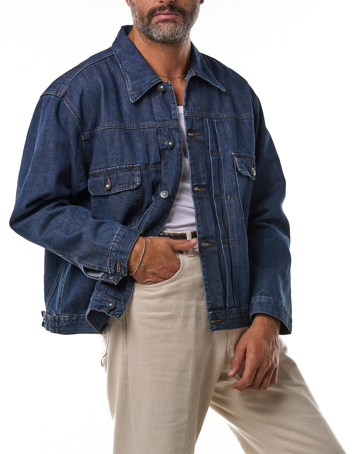 Giubbino con Cuciture a Contrasto in Denim Lavaggio Scuro