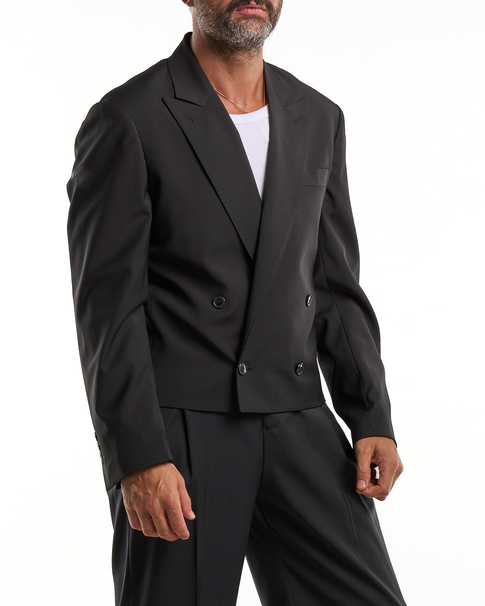 Giacca Doppiopetto Cropped  con Rever a Lancia Nera Milano