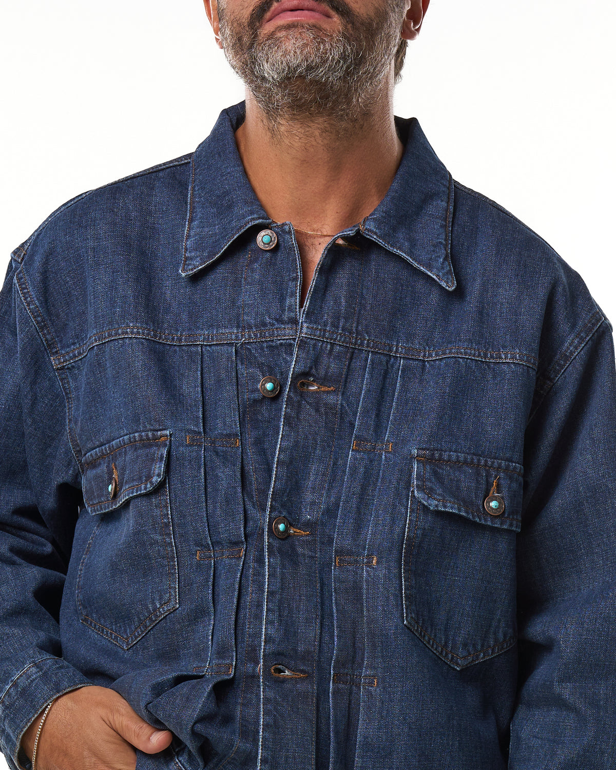 Giubbino con Cuciture a Contrasto in Denim Lavaggio Scuro