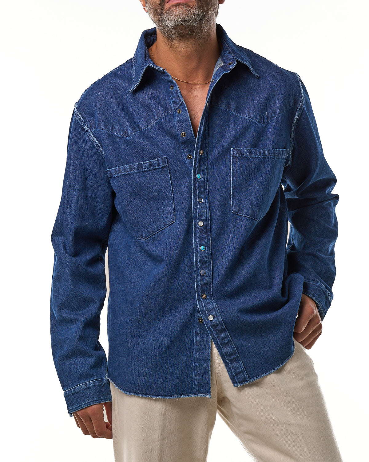 Camicia Texana con Cuciture alla Rovescia in Denim Lavaggio Scuro