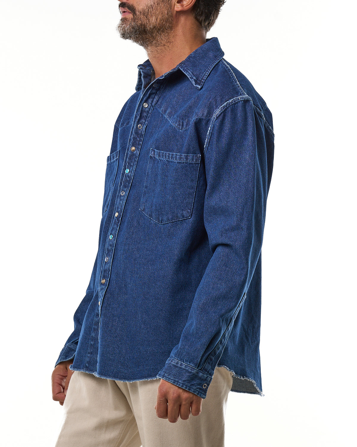 Camicia Texana con Cuciture alla Rovescia in Denim Lavaggio Scuro