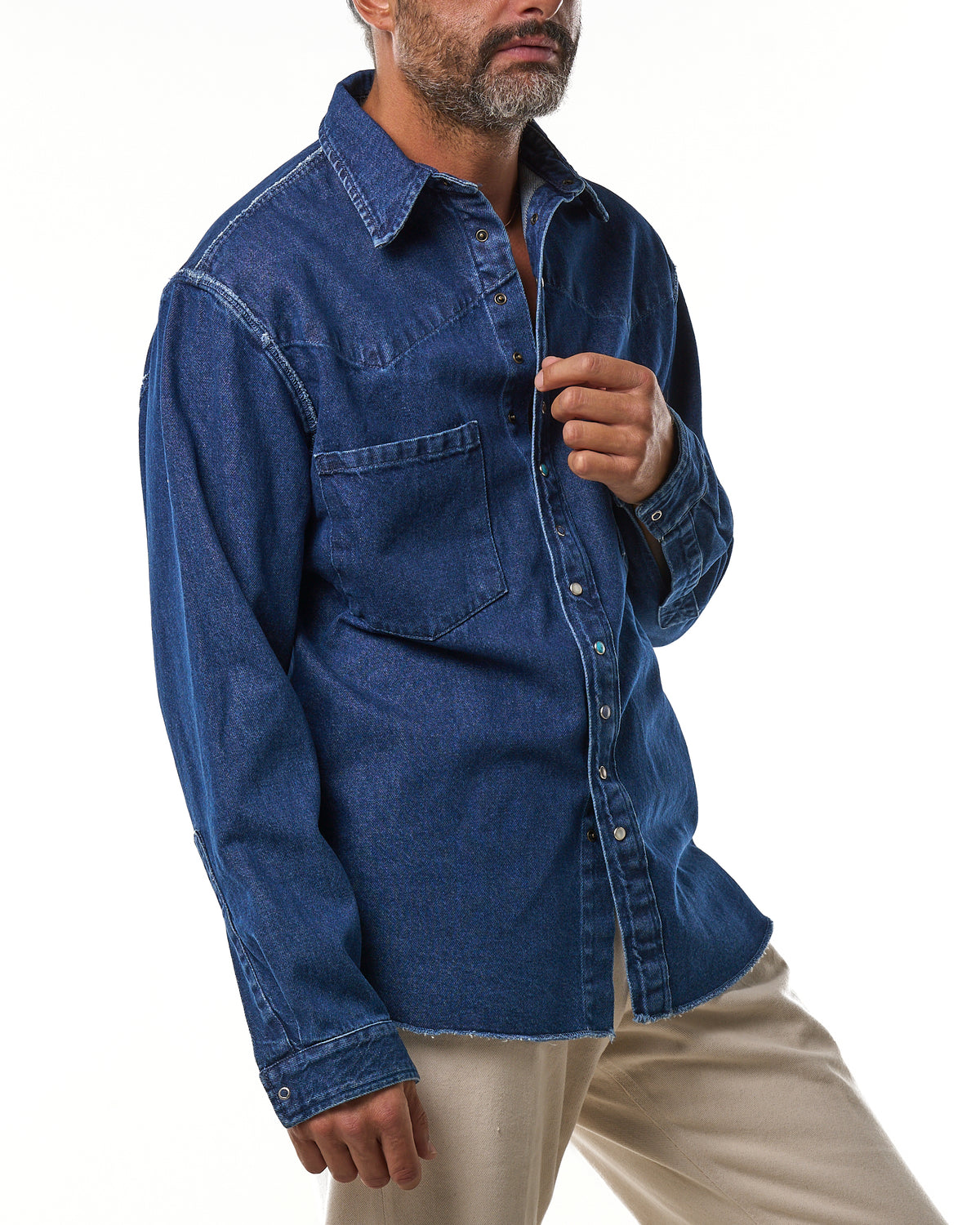 Camicia Texana con Cuciture alla Rovescia in Denim Lavaggio Scuro