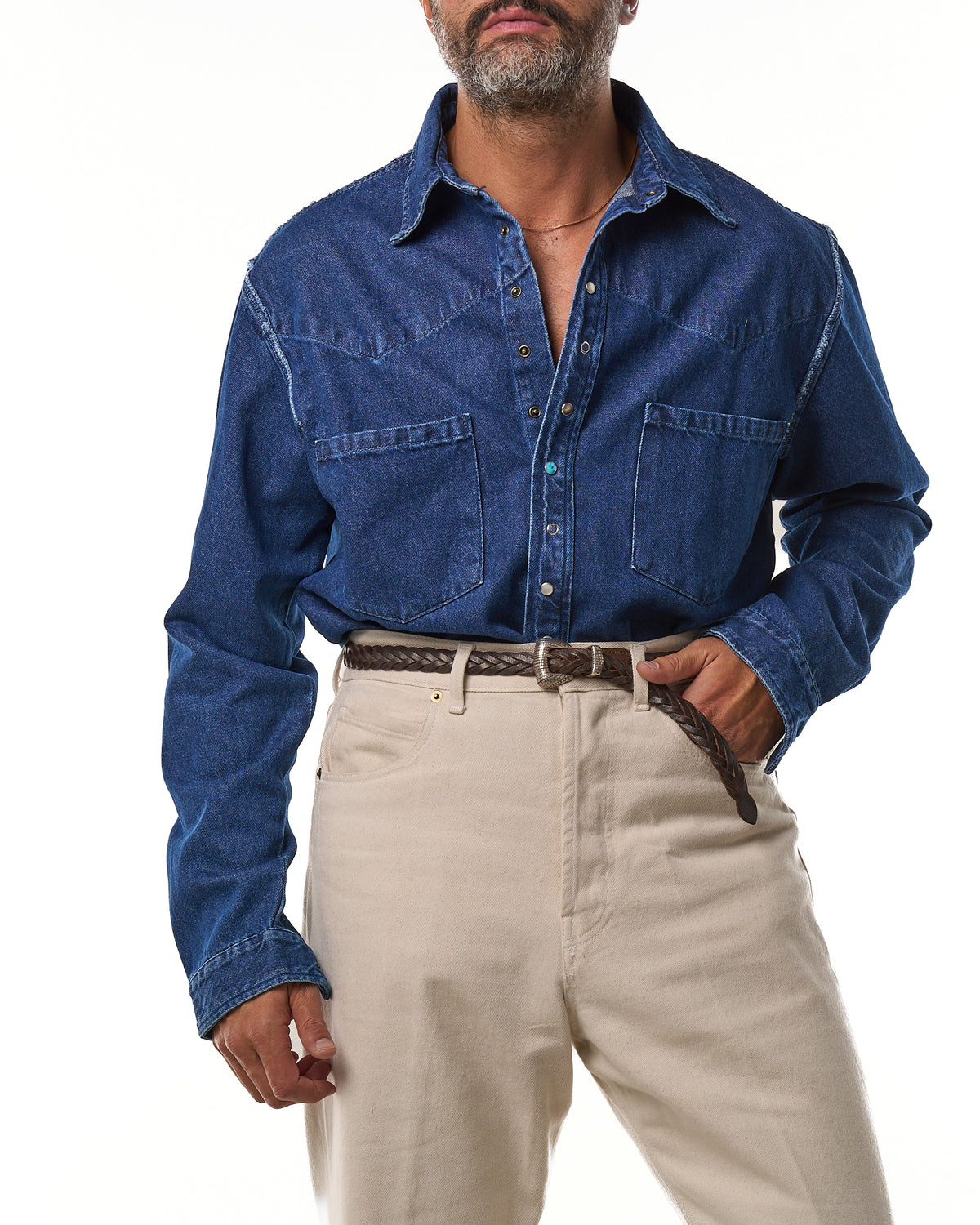 Camicia Texana con Cuciture alla Rovescia in Denim Lavaggio Scuro
