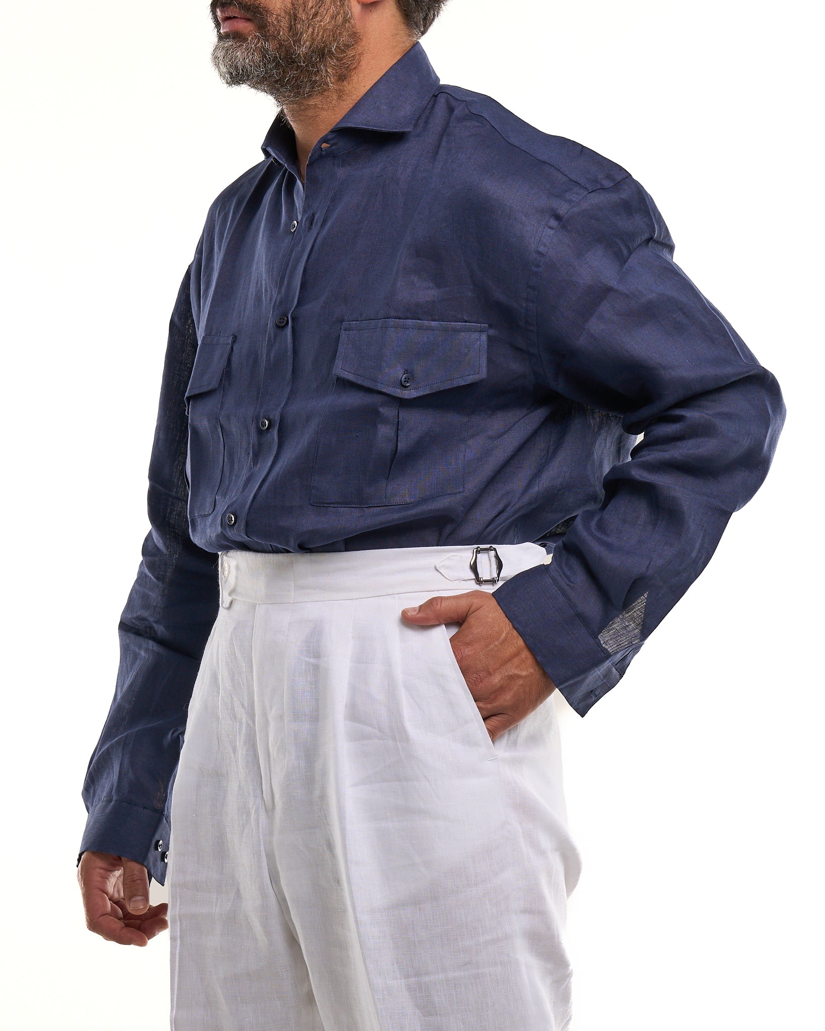 Camicia Texana in Lino Blu