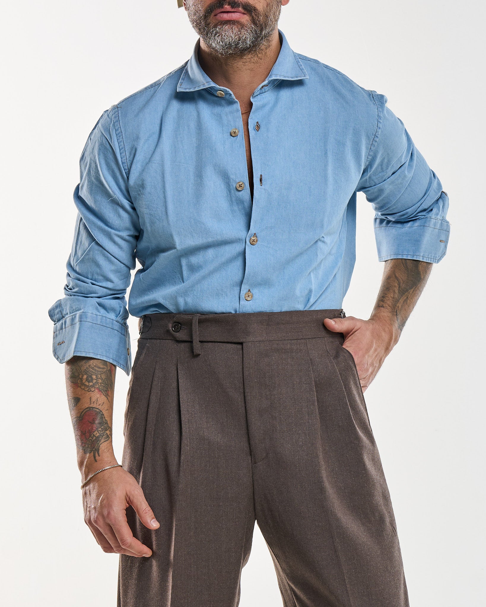 Camicia Collo Francese in Jeans Lavaggio Chiaro