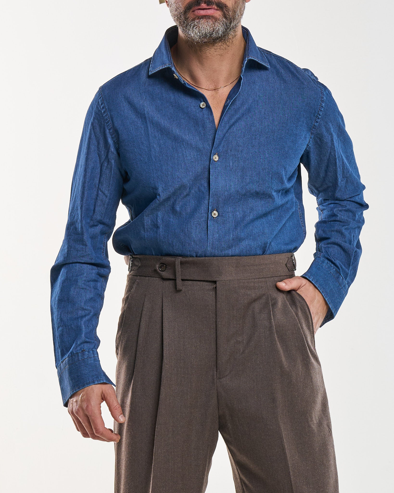 Camicia Collo Francese in Jeans Lavaggio Scuro