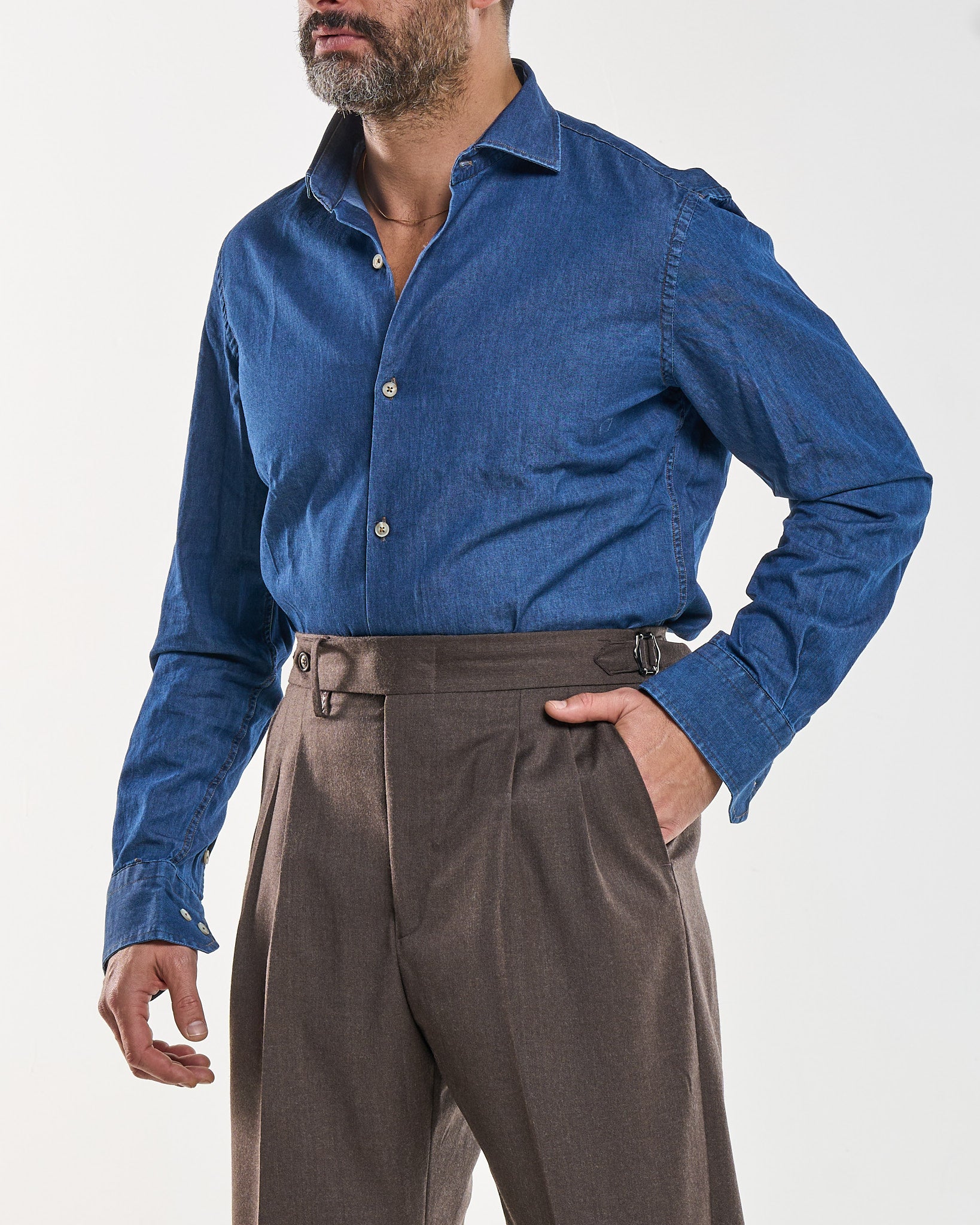 Camicia Collo Francese in Jeans Lavaggio Scuro