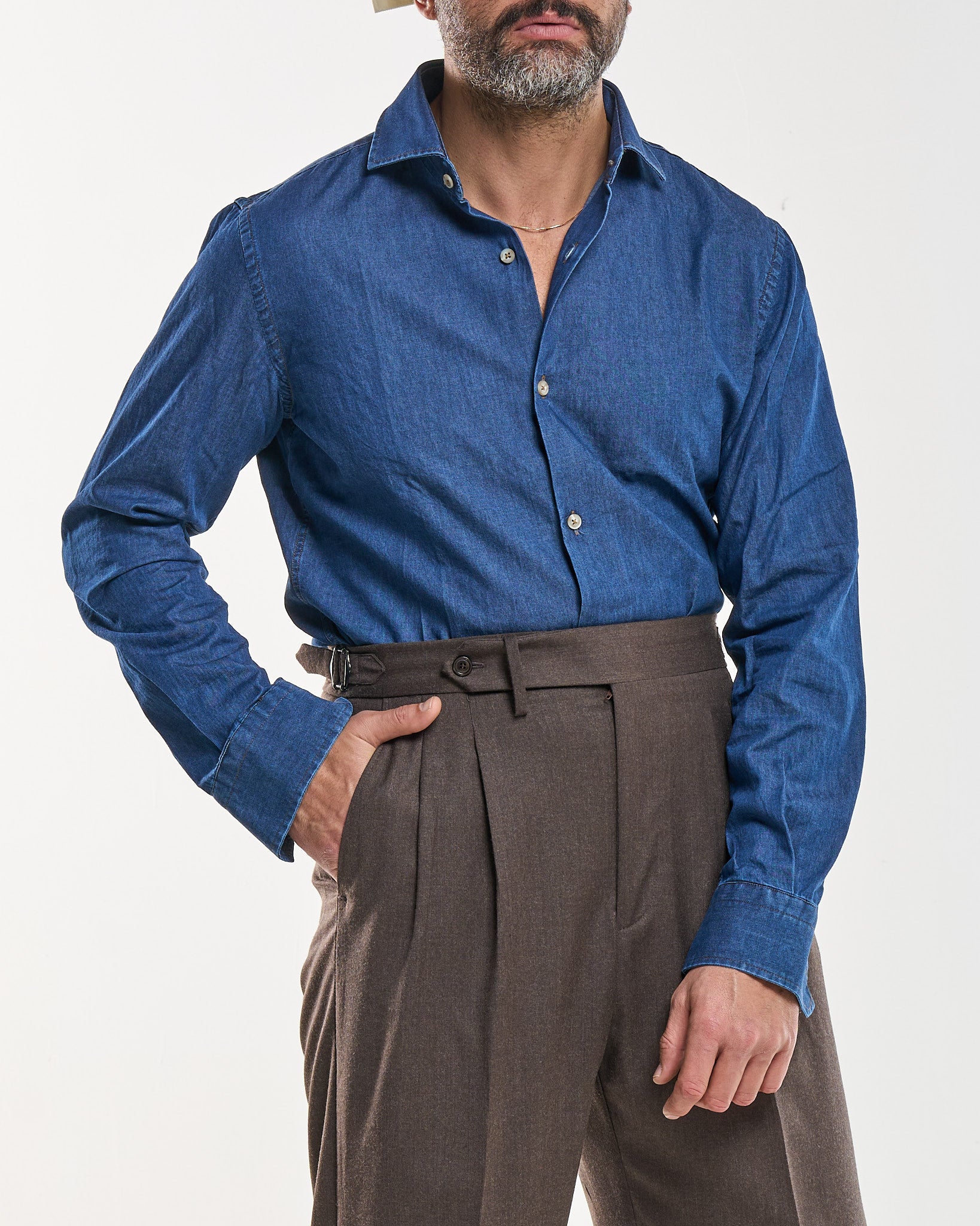 Camicia Collo Francese in Jeans Lavaggio Scuro