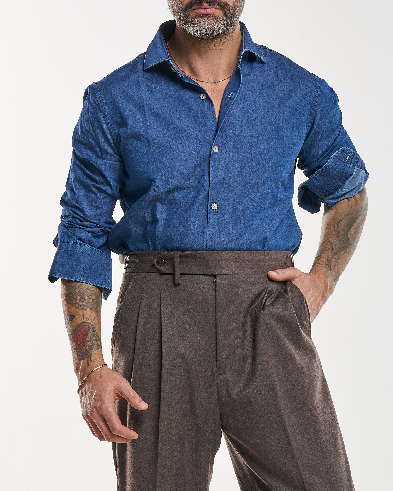 Camicia Collo Francese in Jeans Lavaggio Scuro