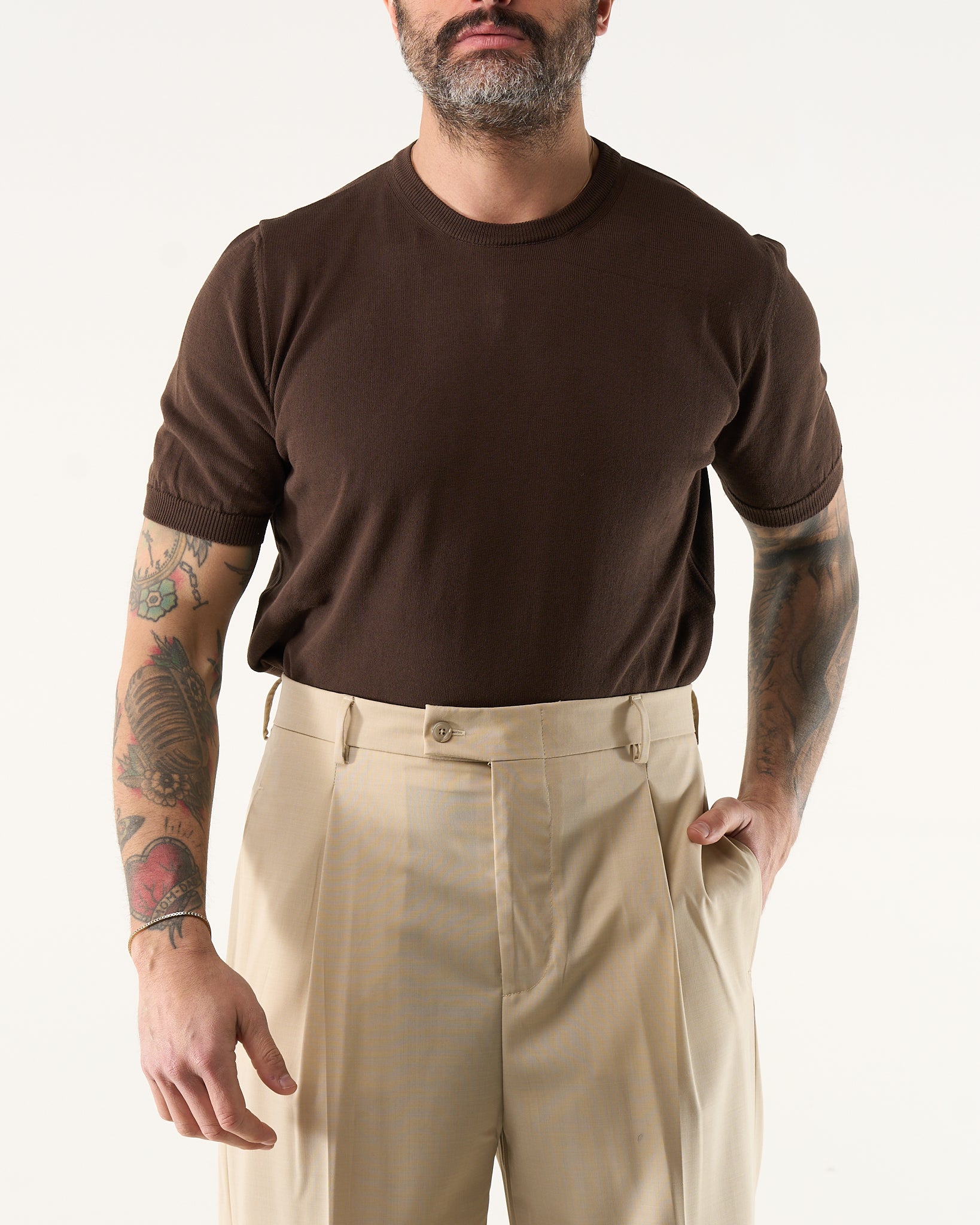 Maglia Girocollo in Filo a Mezza Manica Moro