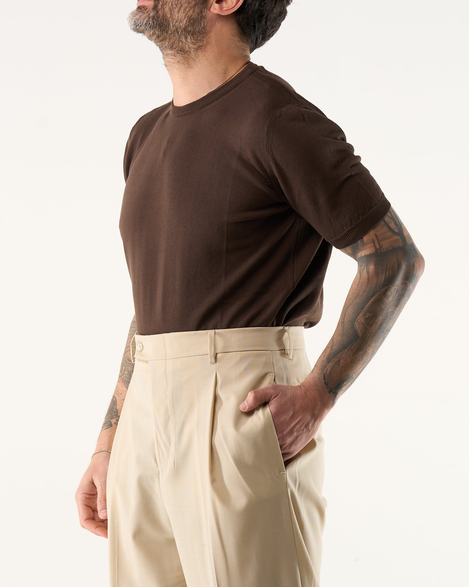 Maglia Girocollo in Filo a Mezza Manica Moro
