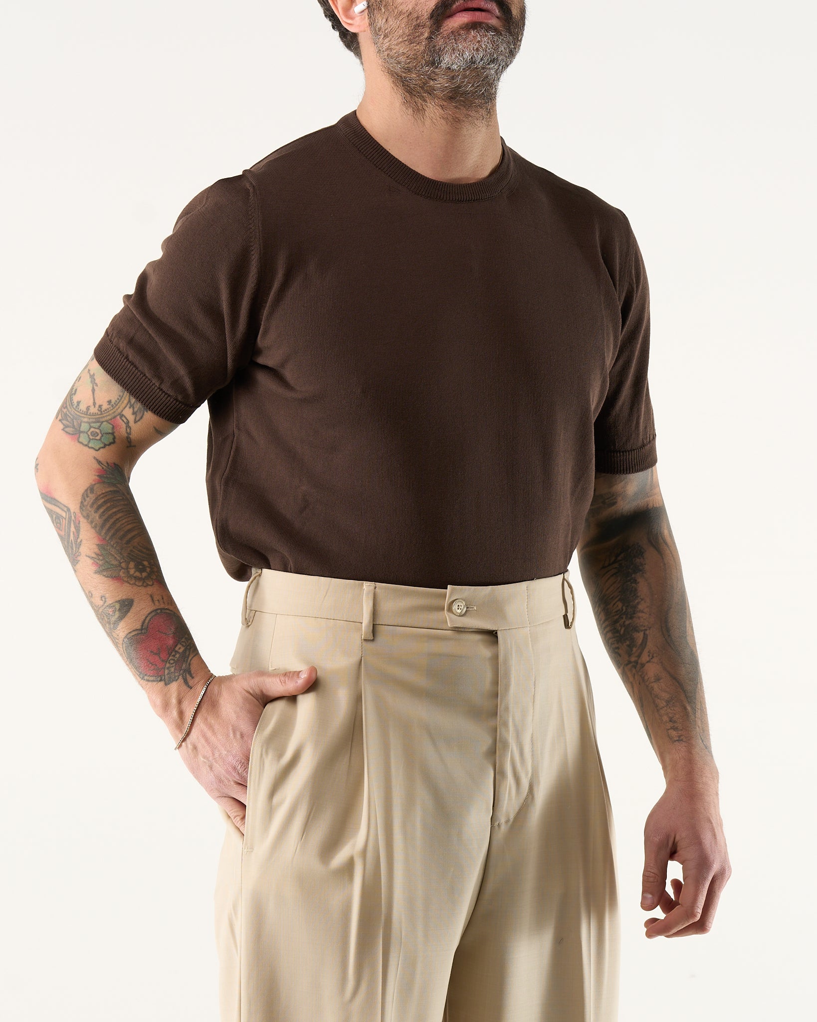 Maglia Girocollo in Filo a Mezza Manica Moro