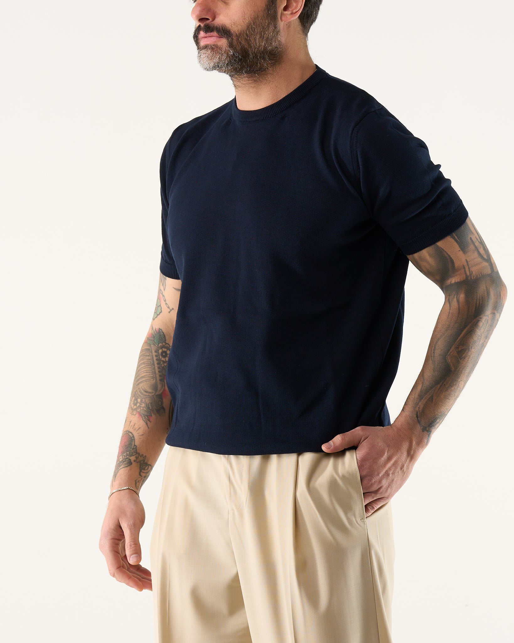 Maglia Girocollo in Filo a Mezza Manica Blu