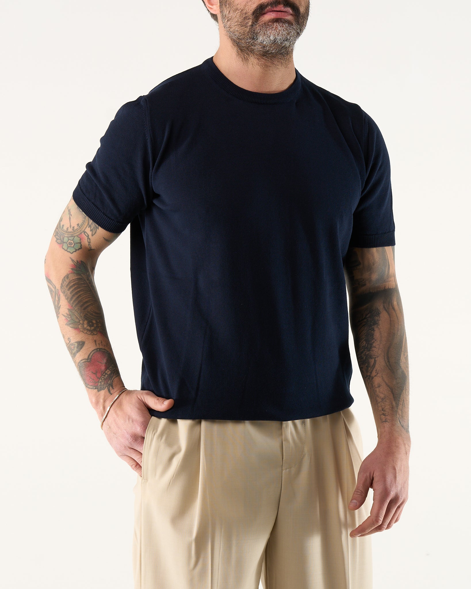 Maglia Girocollo in Filo a Mezza Manica Blu