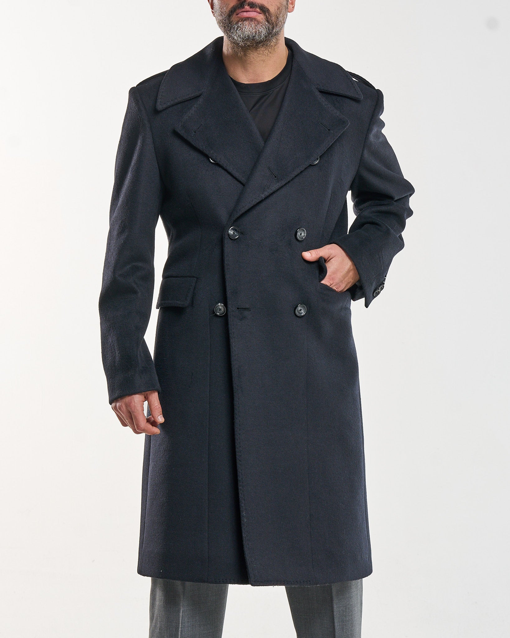 Cappotto Military Doppiopetto con Rever a Lancia Nero