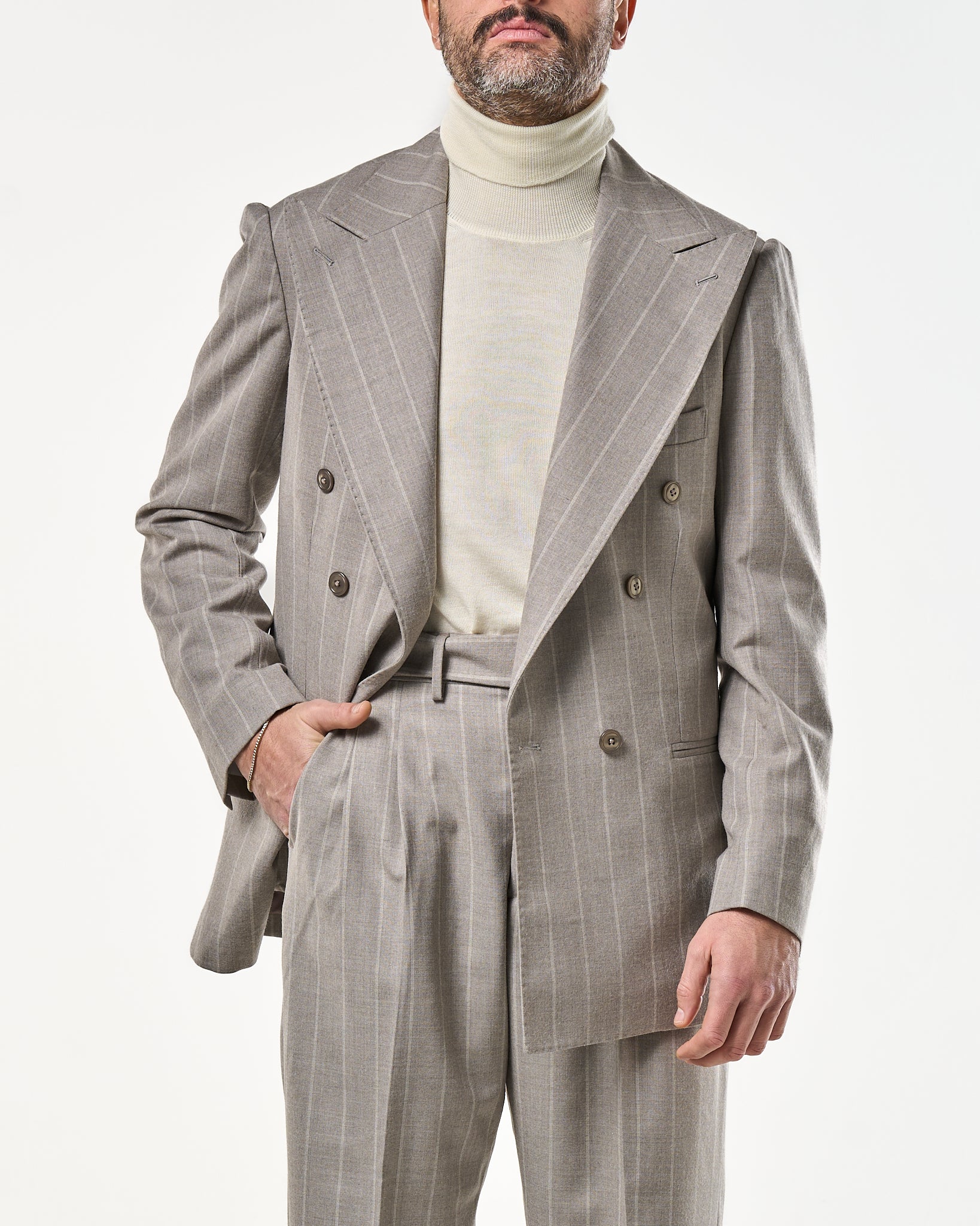 Giacca Jocket in Lana Gessato Sabbia e Panna Matera