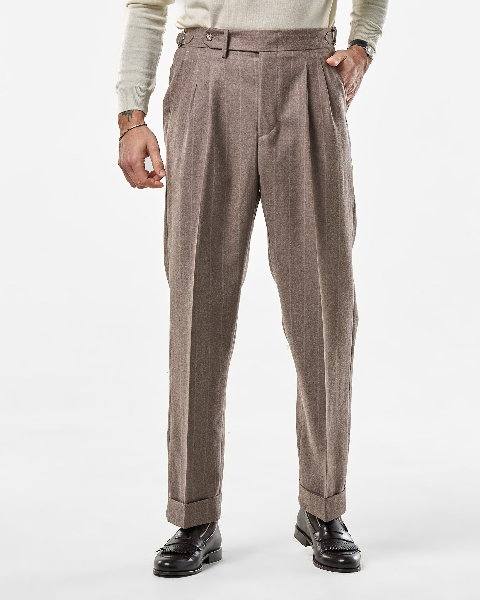 Pantalone Fondo Ampio e Fibbie Laterali in Lana Gessato Moro e Panna Vietri