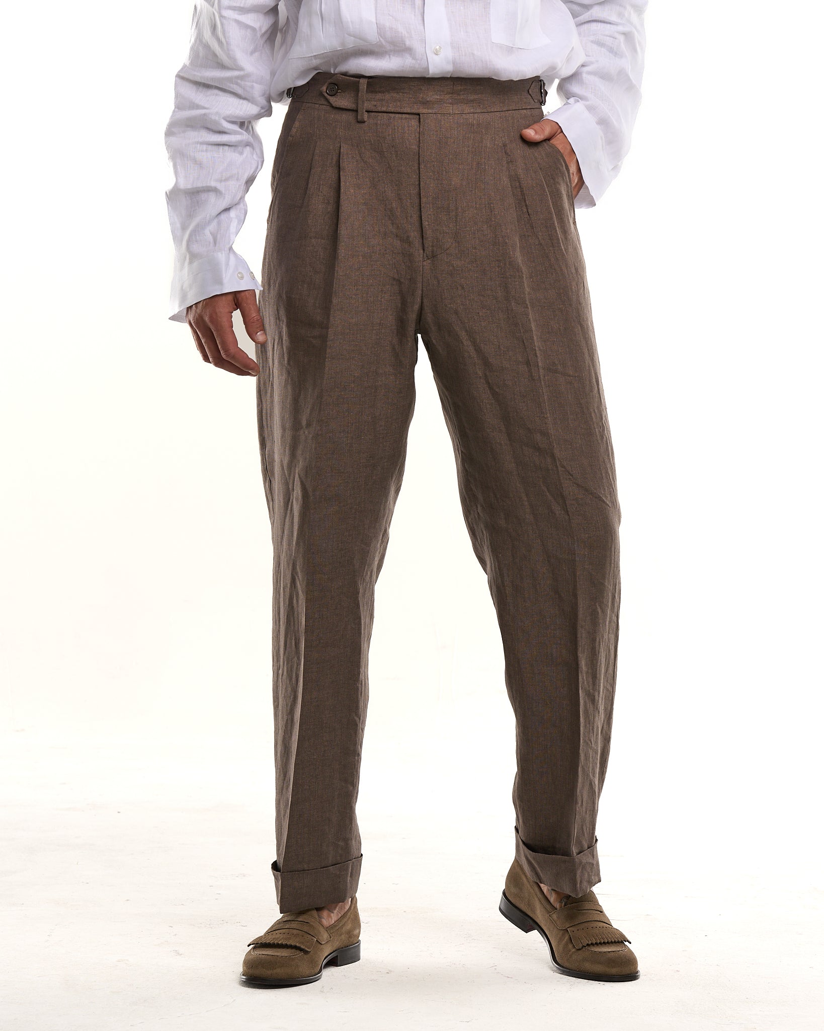 Pantalone Fondo Ampio e Fibbie Laterali in Lino Moro