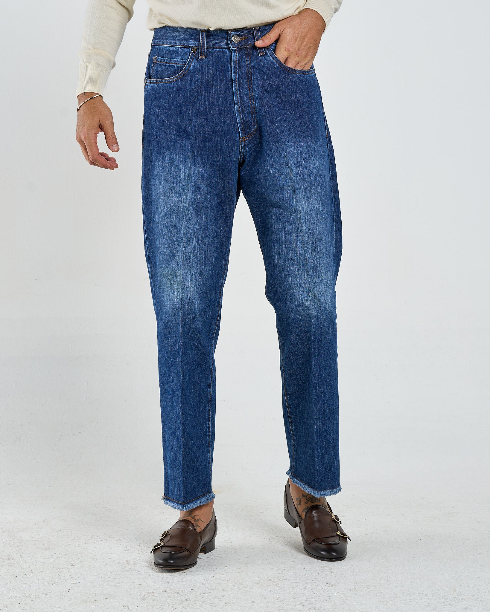 Jeans Vita Alta Fondo Ampio Sfrangiato Lavaggio Blu