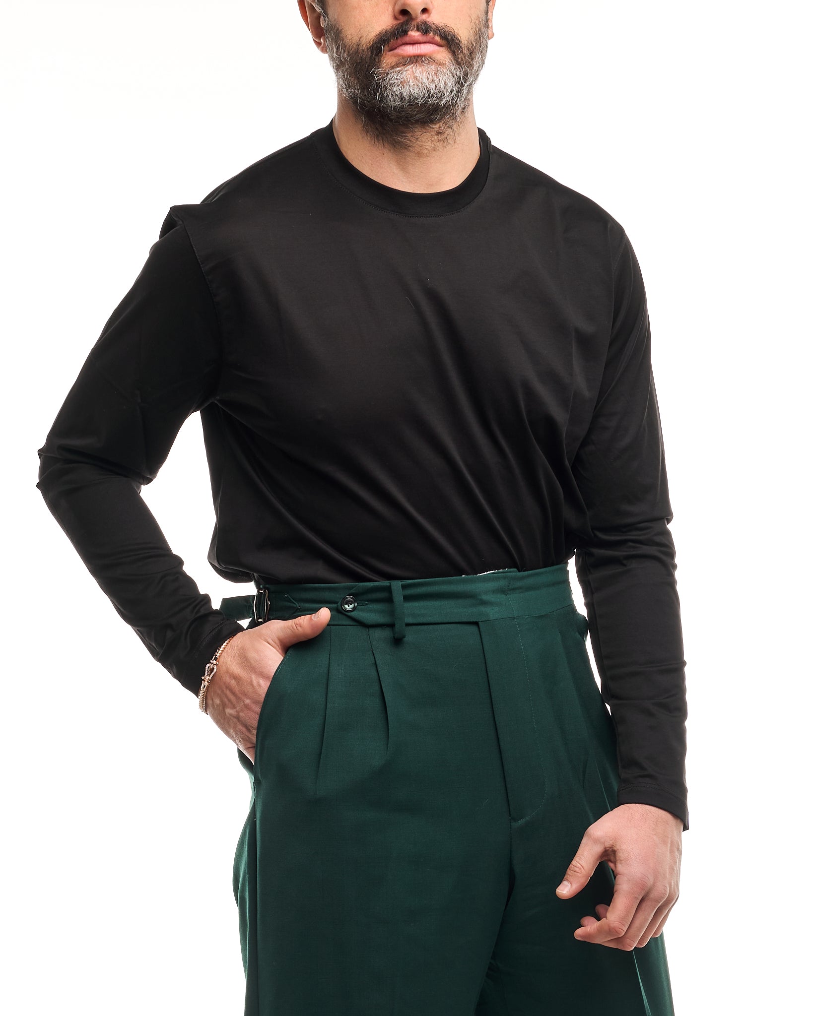 Shirt Regolare Manica Lunga Girocollo in Filo di Scozia Nera