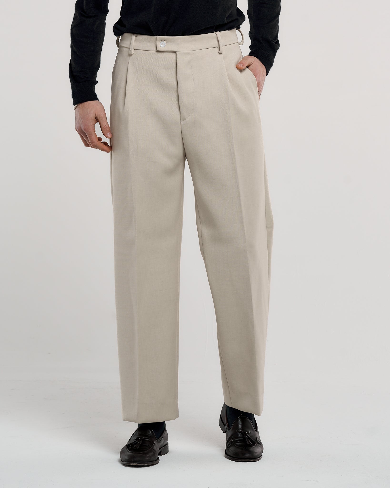 Pantalone Fondo Ampio Senza Piega Diagonale Panna