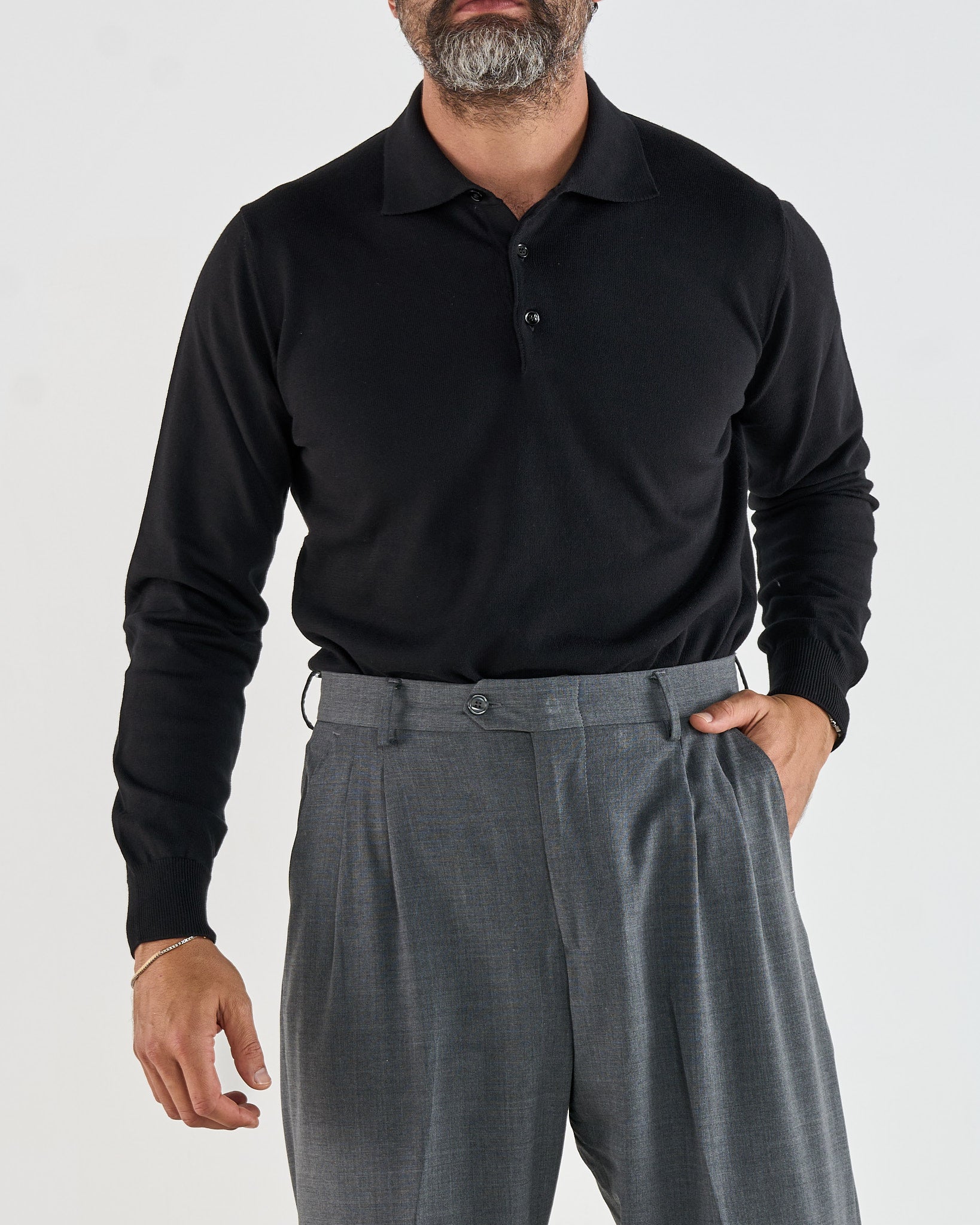 Polo Manica Lunga Tre Bottoni Nero