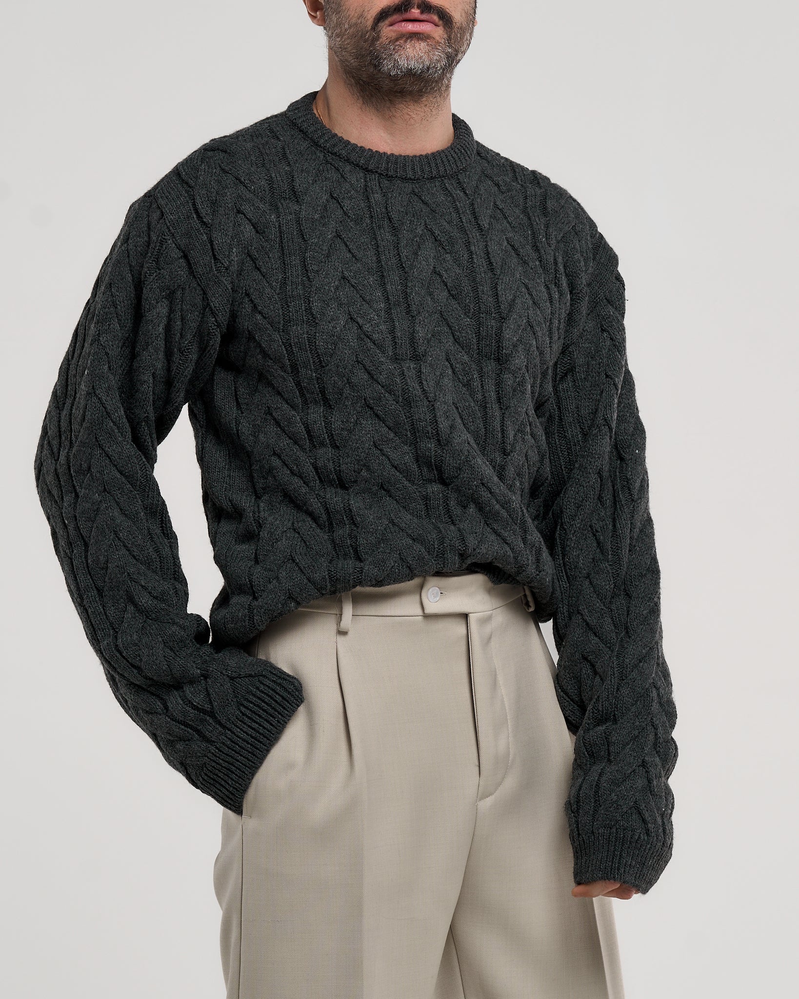 Maglione Treccia Girocollo Grigio