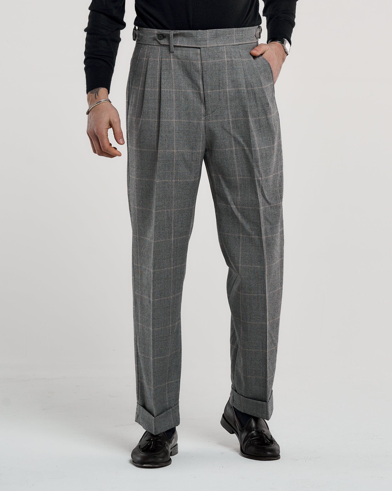 Pantalone Fondo Ampio e Fibbie Laterali in Lana Principe di Galles Grigio Chiaro