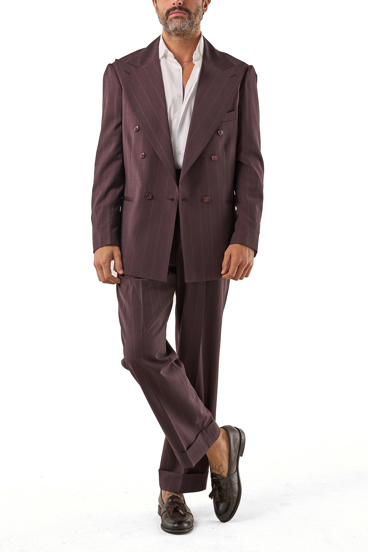 Abito Gessato Prugna Riga Beige Washington