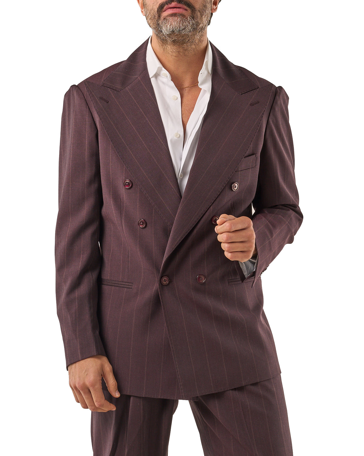 Chaqueta color ciruela con rayas finas en beige
