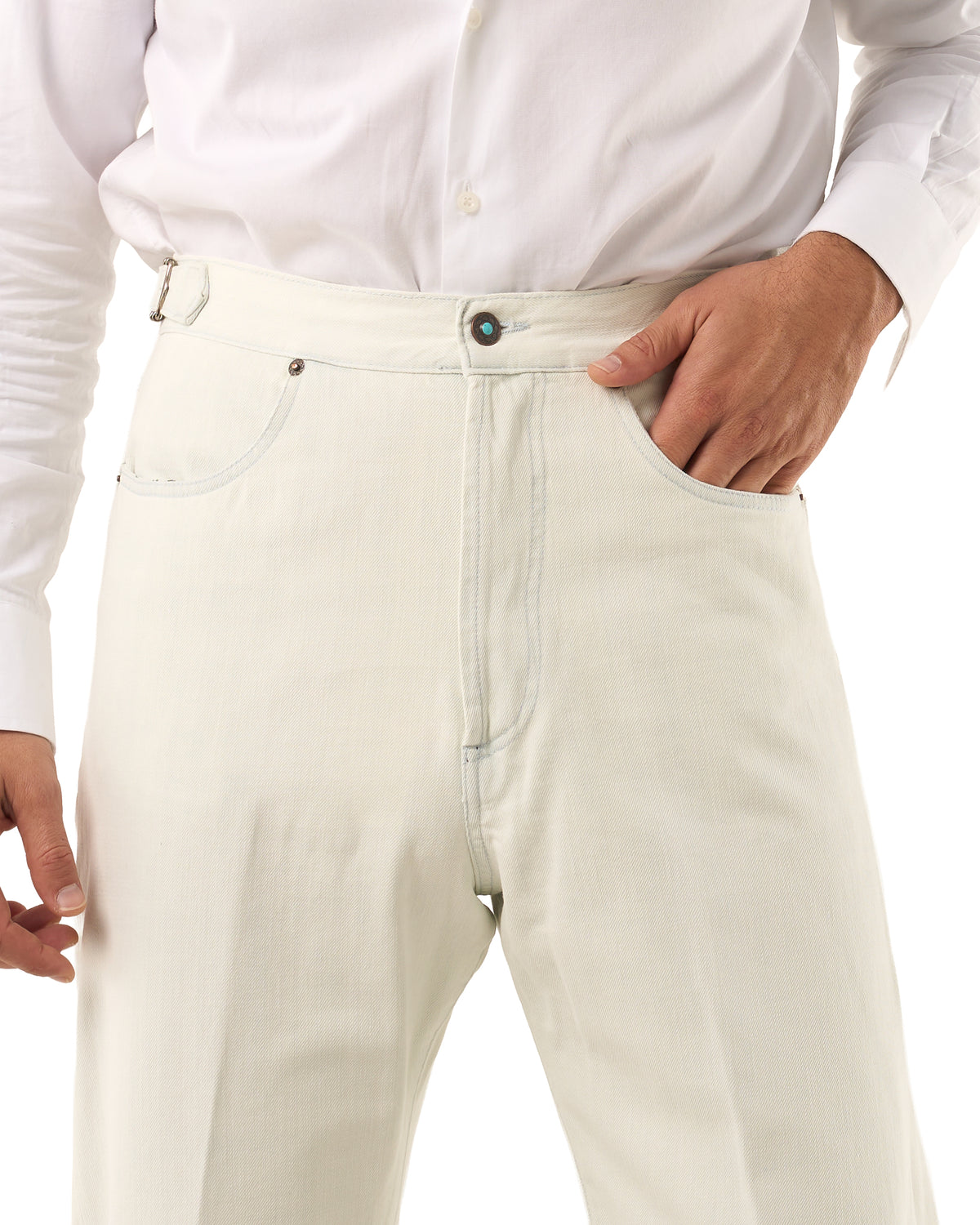 Jeans Vita Alta Fondo Ampio e Fibbie Laterali Sbiancato