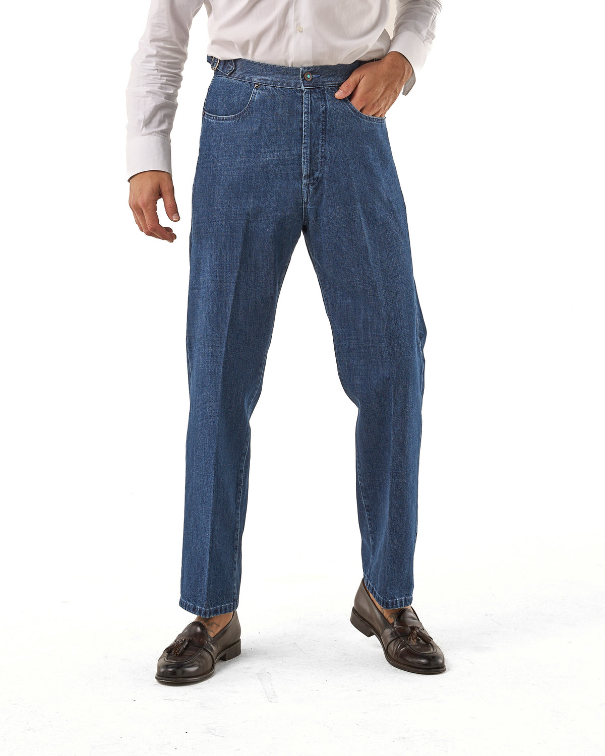 Jeans Vita Alta Fondo Ampio e Fibbie Laterali Blu Medio