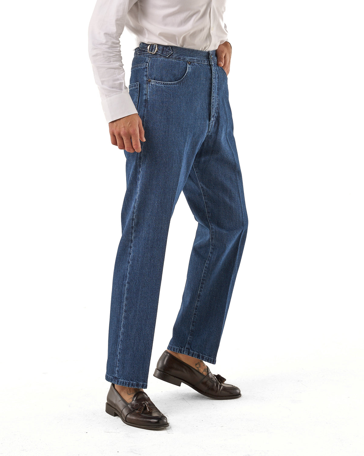 Jeans Vita Alta Fondo Ampio e Fibbie Laterali Blu Medio