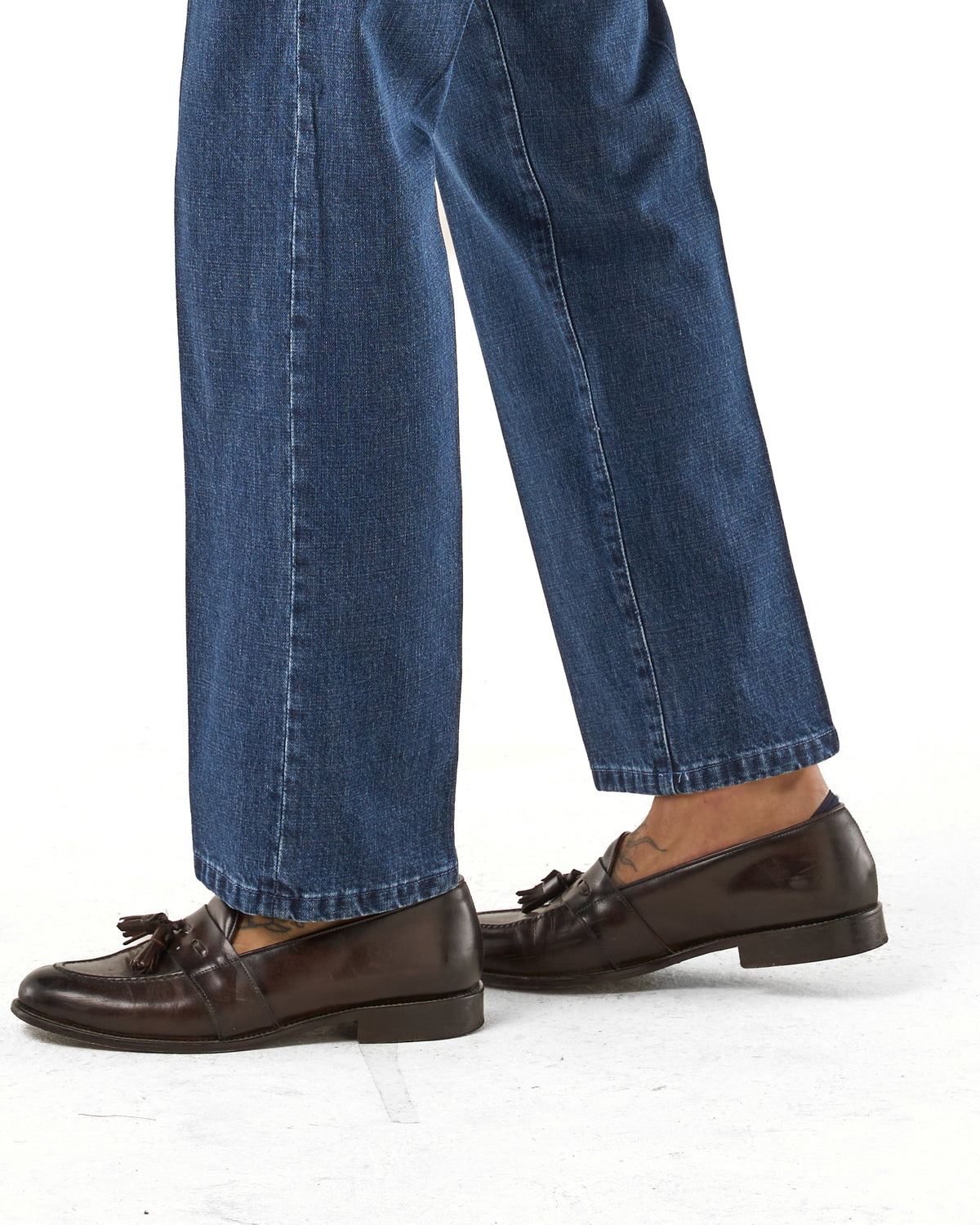 Jeans Vita Alta Fondo Ampio e Fibbie Laterali Blu Medio