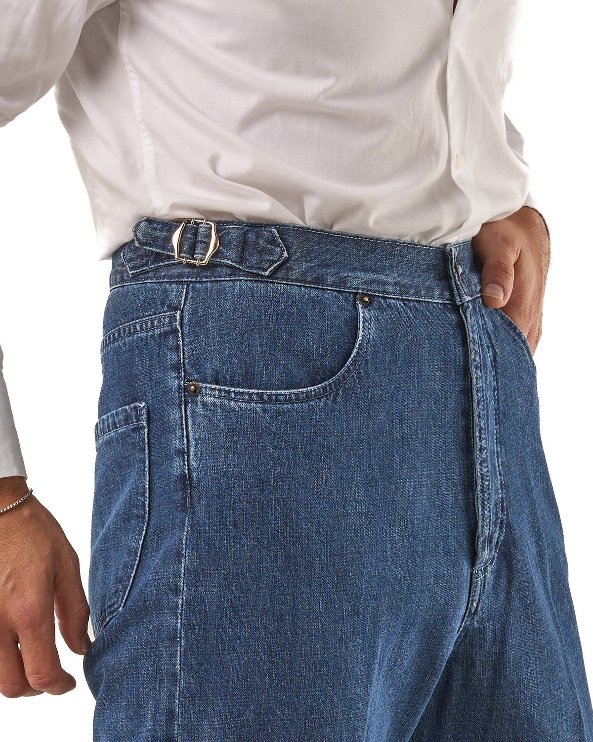 Jeans Vita Alta Fondo Ampio e Fibbie Laterali Blu Medio