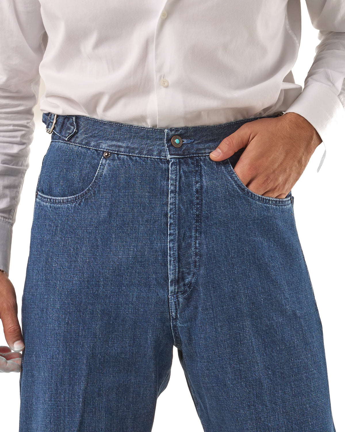 Jeans Vita Alta Fondo Ampio e Fibbie Laterali Blu Medio