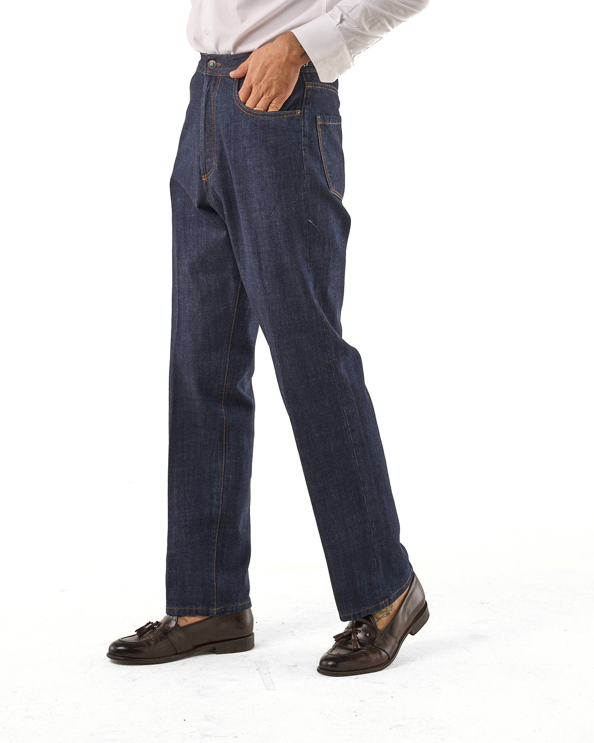 Jeans Vita Alta Fondo Ampio e Fibbie Laterali Lavaggio Zero
