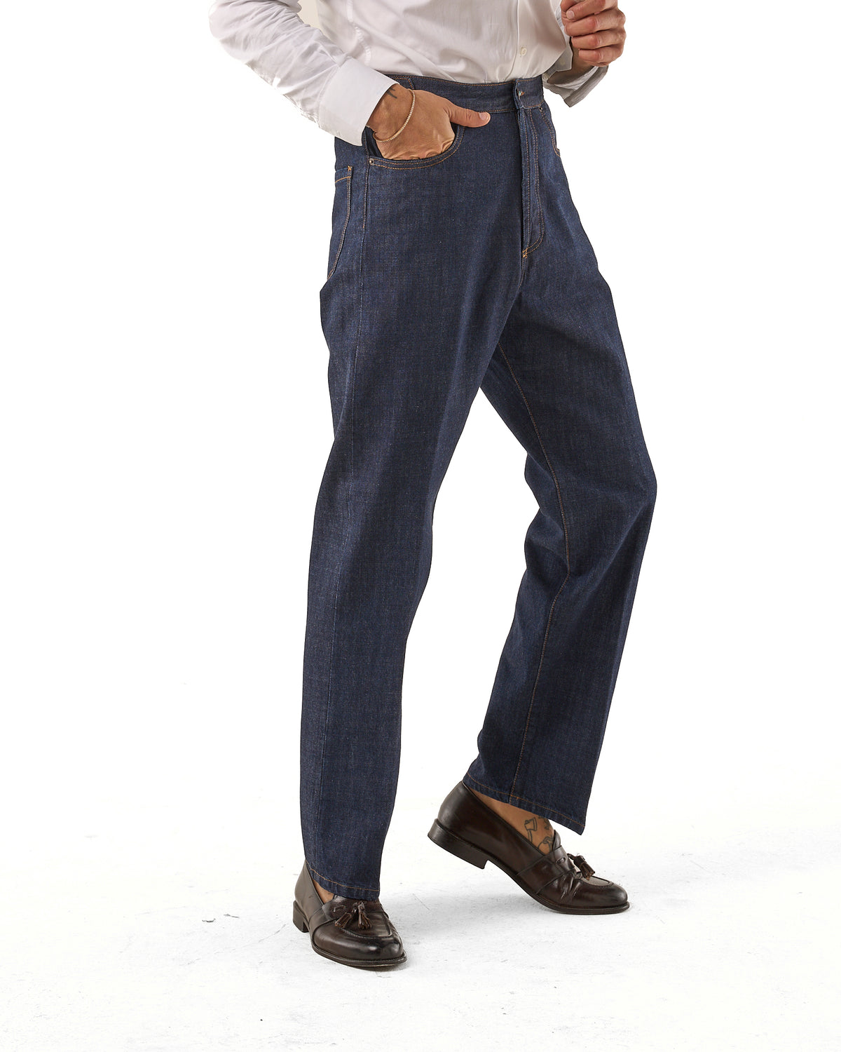 Jeans Vita Alta Fondo Ampio e Fibbie Laterali Lavaggio Zero