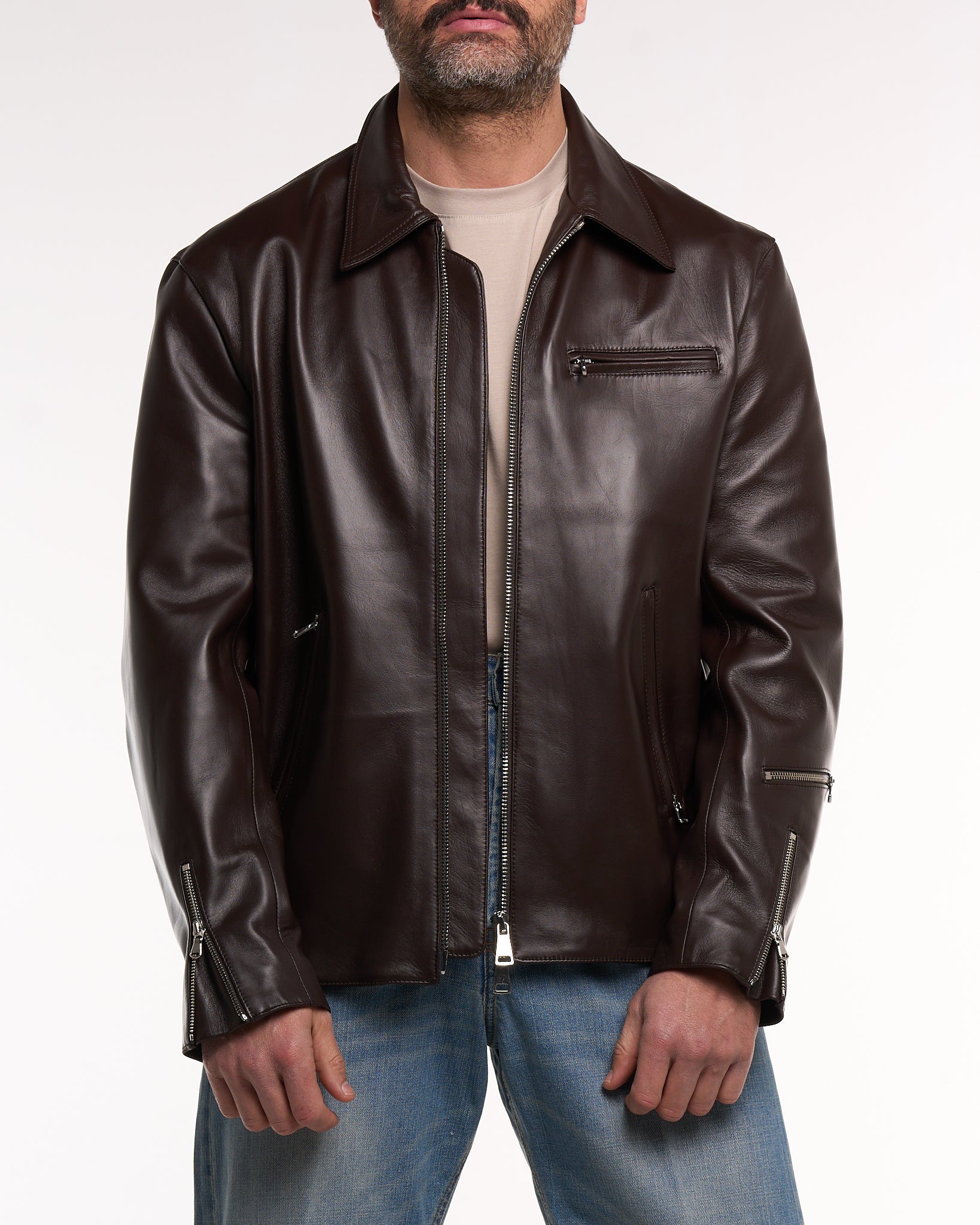 Giubbino in Pelle con Zip Testa di Moro