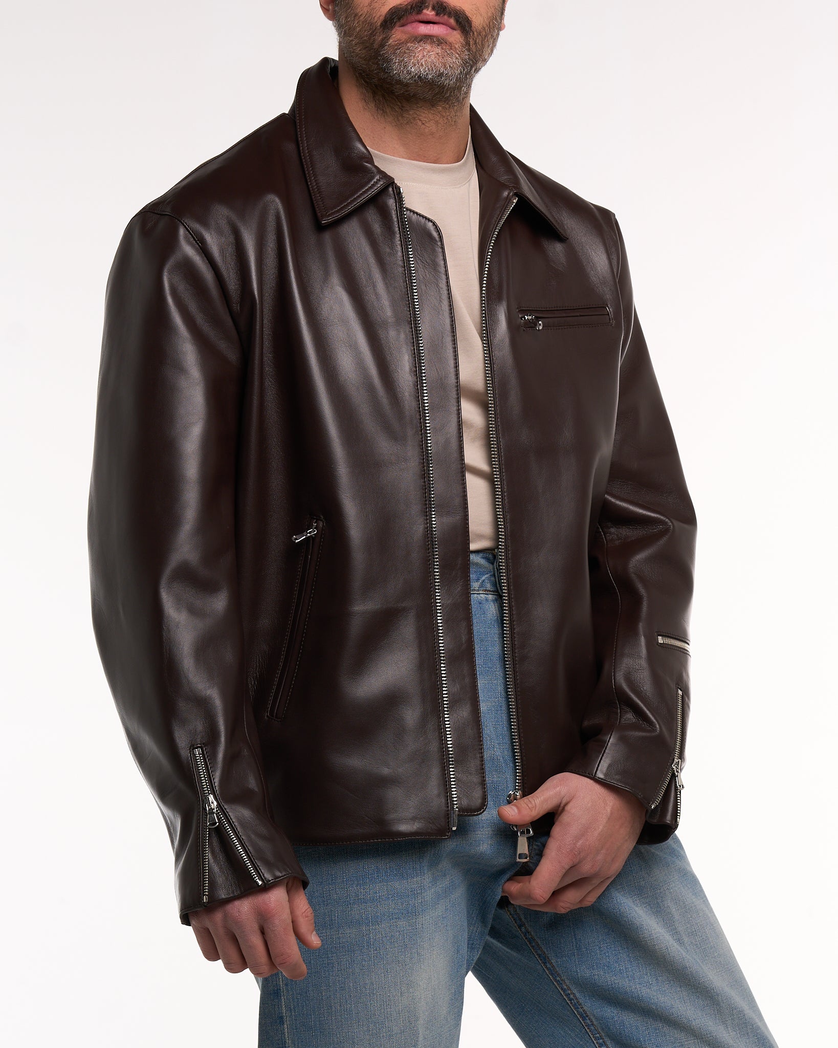 Giubbino in Pelle con Zip Testa di Moro