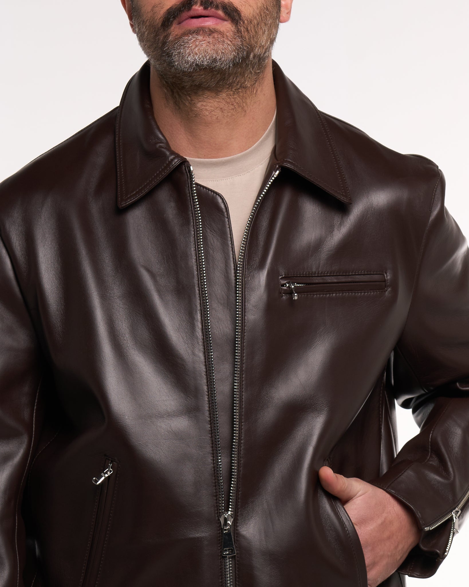 Giubbino in Pelle con Zip Testa di Moro
